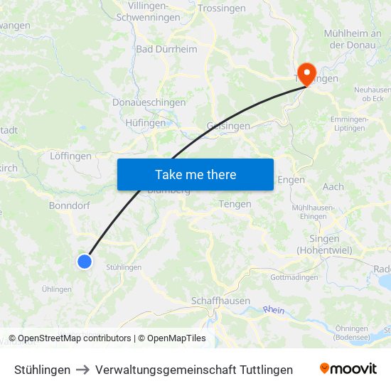 Stühlingen to Verwaltungsgemeinschaft Tuttlingen map