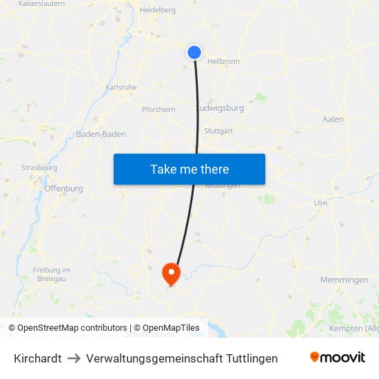 Kirchardt to Verwaltungsgemeinschaft Tuttlingen map