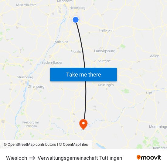Wiesloch to Verwaltungsgemeinschaft Tuttlingen map