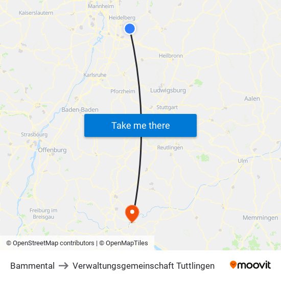 Bammental to Verwaltungsgemeinschaft Tuttlingen map