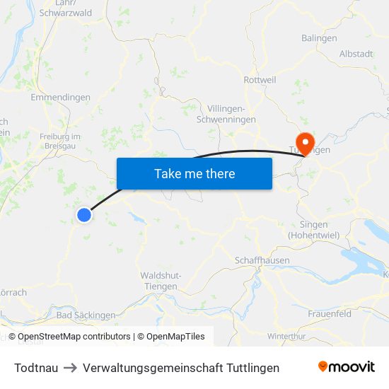 Todtnau to Verwaltungsgemeinschaft Tuttlingen map