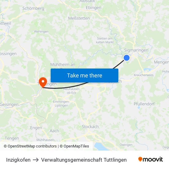 Inzigkofen to Verwaltungsgemeinschaft Tuttlingen map