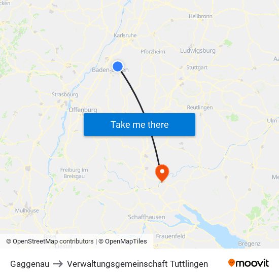 Gaggenau to Verwaltungsgemeinschaft Tuttlingen map