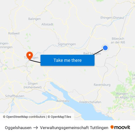 Oggelshausen to Verwaltungsgemeinschaft Tuttlingen map