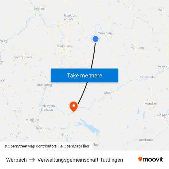 Werbach to Verwaltungsgemeinschaft Tuttlingen map