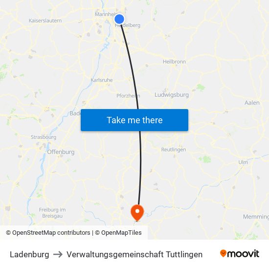 Ladenburg to Verwaltungsgemeinschaft Tuttlingen map