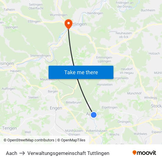 Aach to Verwaltungsgemeinschaft Tuttlingen map