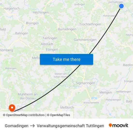 Gomadingen to Verwaltungsgemeinschaft Tuttlingen map