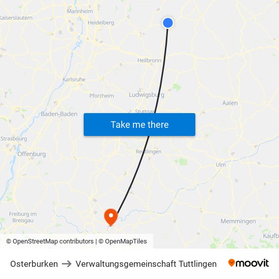 Osterburken to Verwaltungsgemeinschaft Tuttlingen map