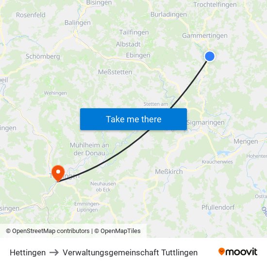 Hettingen to Verwaltungsgemeinschaft Tuttlingen map