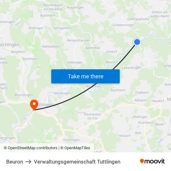 Beuron to Verwaltungsgemeinschaft Tuttlingen map