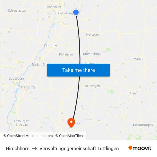 Hirschhorn to Verwaltungsgemeinschaft Tuttlingen map