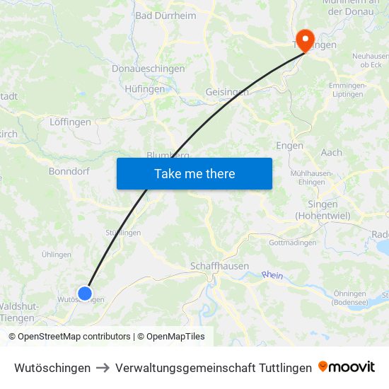 Wutöschingen to Verwaltungsgemeinschaft Tuttlingen map