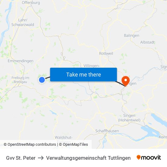 Gvv St. Peter to Verwaltungsgemeinschaft Tuttlingen map