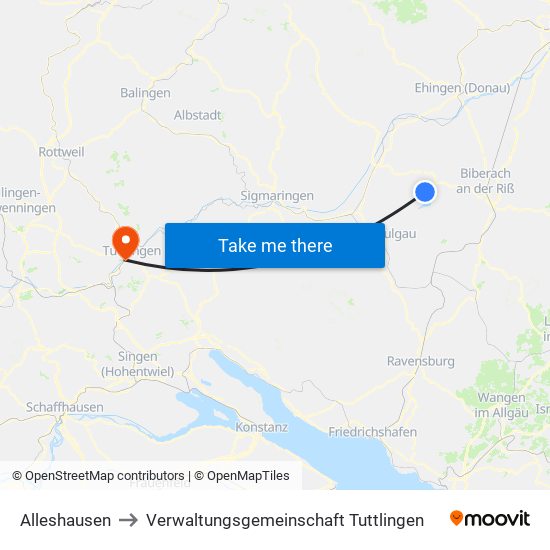 Alleshausen to Verwaltungsgemeinschaft Tuttlingen map