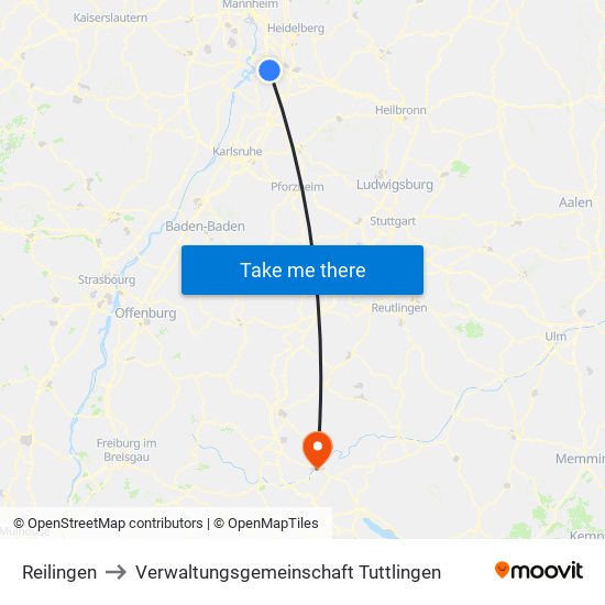 Reilingen to Verwaltungsgemeinschaft Tuttlingen map