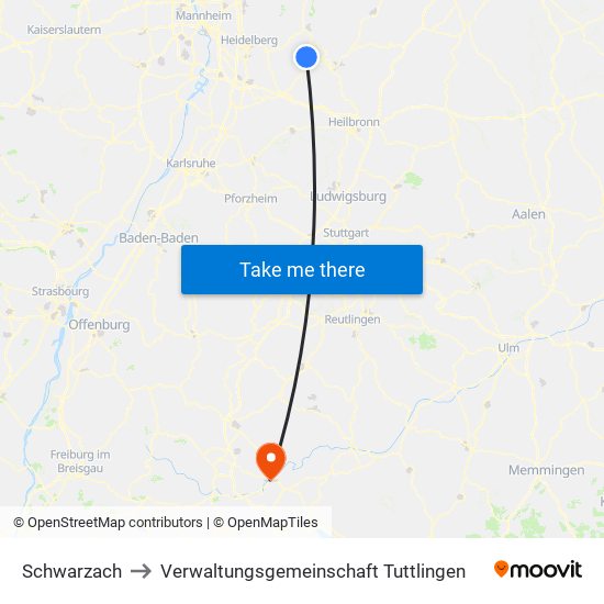 Schwarzach to Verwaltungsgemeinschaft Tuttlingen map