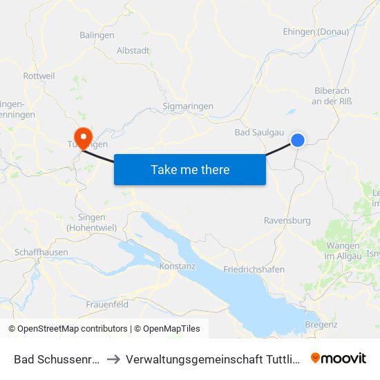 Bad Schussenried to Verwaltungsgemeinschaft Tuttlingen map
