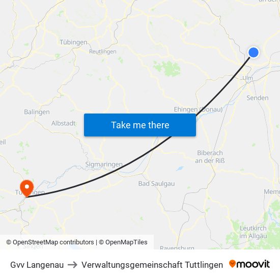 Gvv Langenau to Verwaltungsgemeinschaft Tuttlingen map