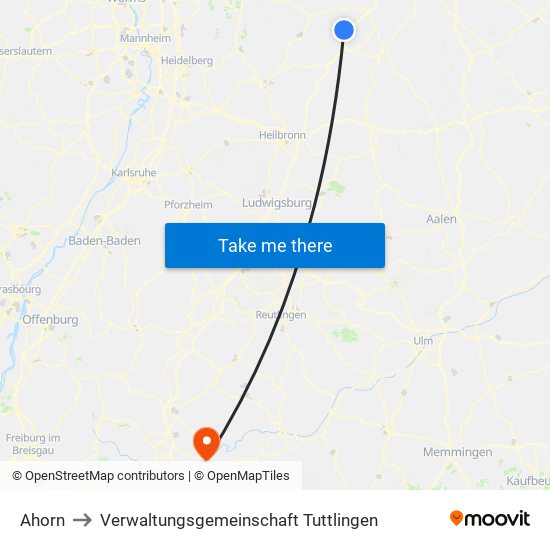 Ahorn to Verwaltungsgemeinschaft Tuttlingen map