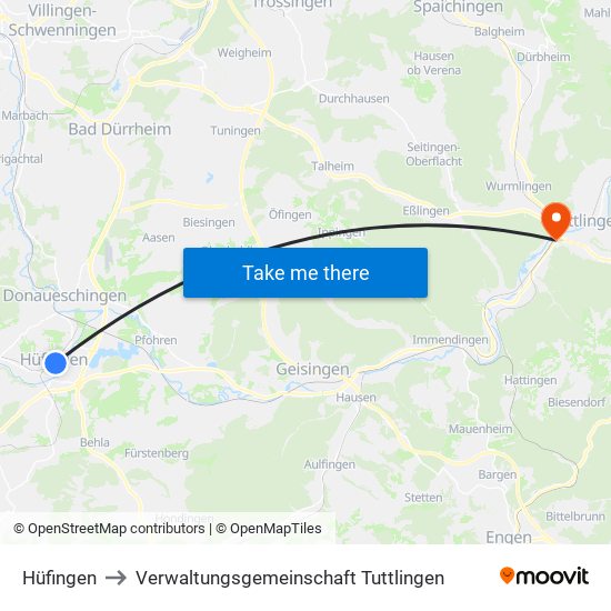 Hüfingen to Verwaltungsgemeinschaft Tuttlingen map