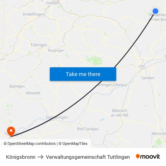 Königsbronn to Verwaltungsgemeinschaft Tuttlingen map