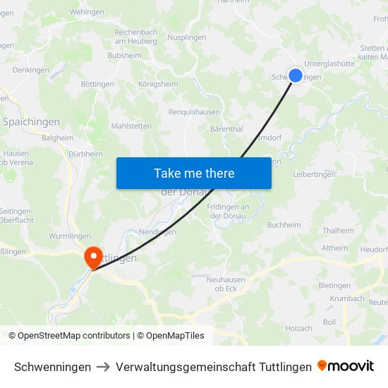 Schwenningen to Verwaltungsgemeinschaft Tuttlingen map