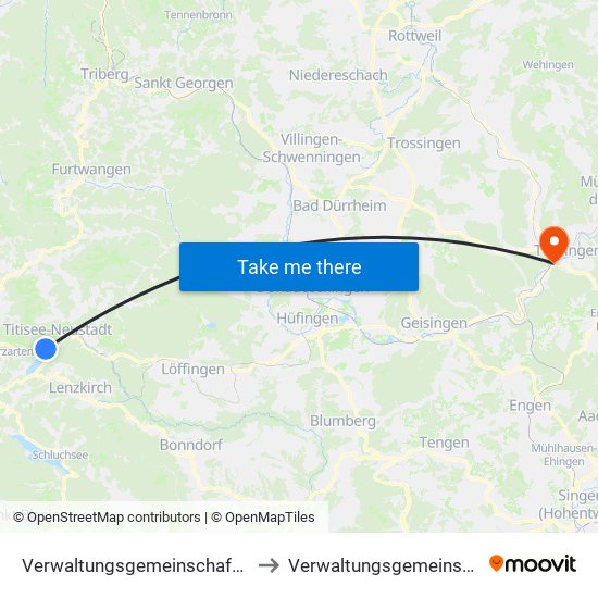 Verwaltungsgemeinschaft Titisee-Neustadt to Verwaltungsgemeinschaft Tuttlingen map