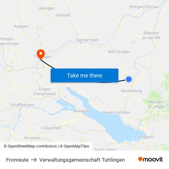 Fronreute to Verwaltungsgemeinschaft Tuttlingen map