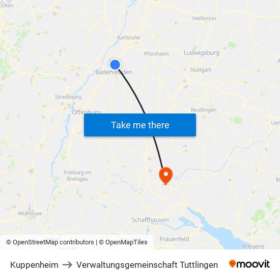 Kuppenheim to Verwaltungsgemeinschaft Tuttlingen map