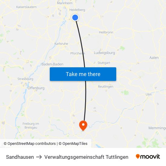 Sandhausen to Verwaltungsgemeinschaft Tuttlingen map