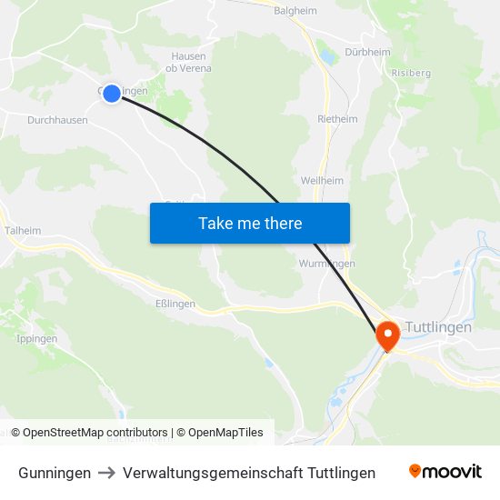 Gunningen to Verwaltungsgemeinschaft Tuttlingen map