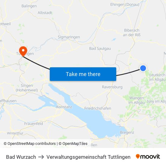 Bad Wurzach to Verwaltungsgemeinschaft Tuttlingen map