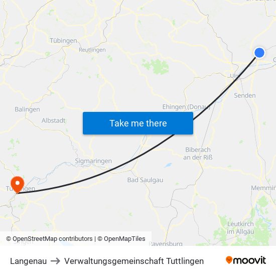 Langenau to Verwaltungsgemeinschaft Tuttlingen map