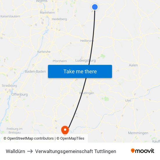 Walldürn to Verwaltungsgemeinschaft Tuttlingen map