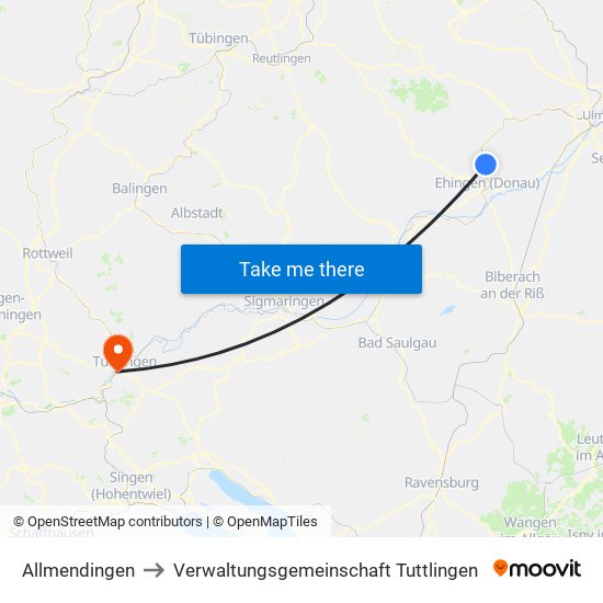 Allmendingen to Verwaltungsgemeinschaft Tuttlingen map
