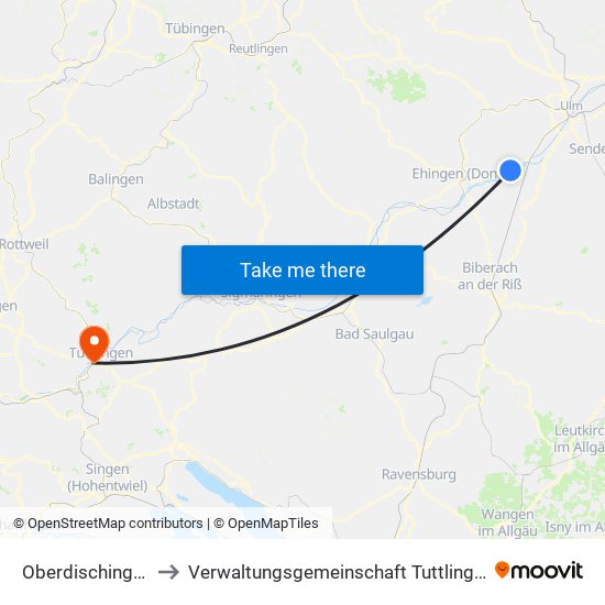Oberdischingen to Verwaltungsgemeinschaft Tuttlingen map
