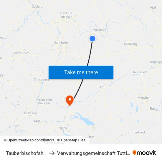 Tauberbischofsheim to Verwaltungsgemeinschaft Tuttlingen map