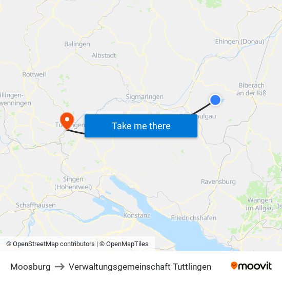 Moosburg to Verwaltungsgemeinschaft Tuttlingen map