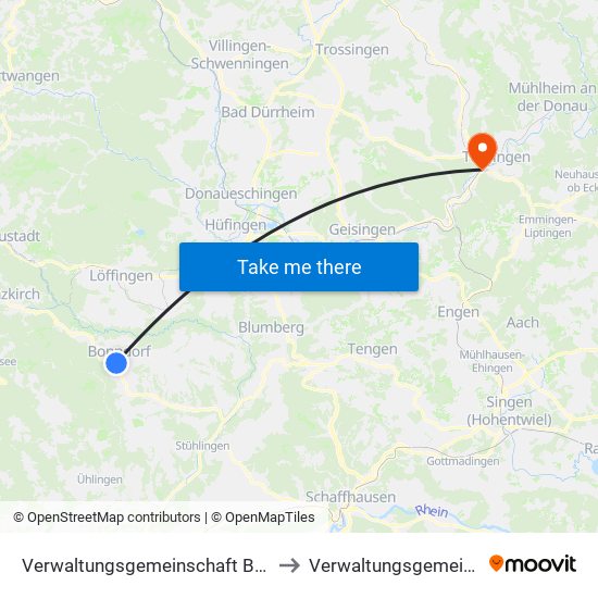 Verwaltungsgemeinschaft Bonndorf Im Schwarzwald to Verwaltungsgemeinschaft Tuttlingen map