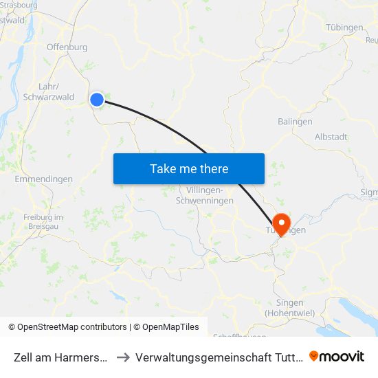 Zell am Harmersbach to Verwaltungsgemeinschaft Tuttlingen map