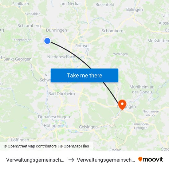 Verwaltungsgemeinschaft Dunningen to Verwaltungsgemeinschaft Tuttlingen map