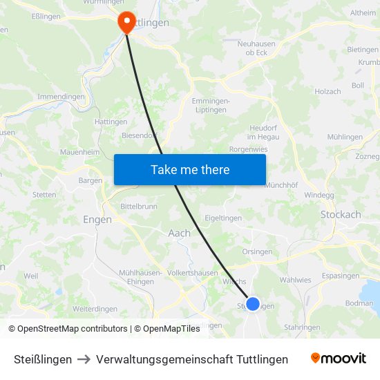 Steißlingen to Verwaltungsgemeinschaft Tuttlingen map