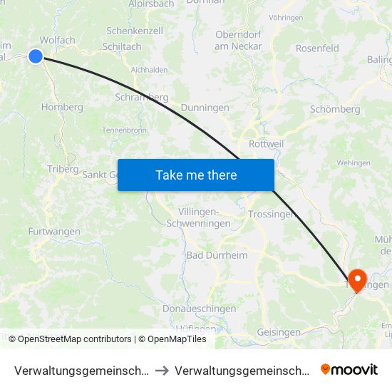 Verwaltungsgemeinschaft Hausach to Verwaltungsgemeinschaft Tuttlingen map