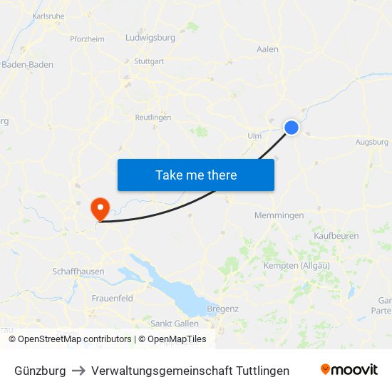 Günzburg to Verwaltungsgemeinschaft Tuttlingen map
