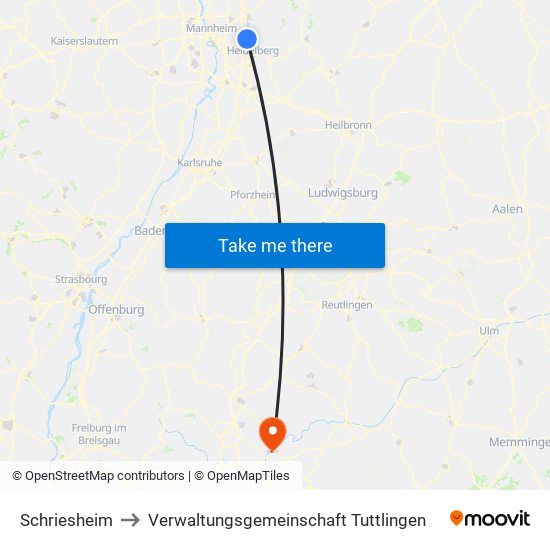 Schriesheim to Verwaltungsgemeinschaft Tuttlingen map