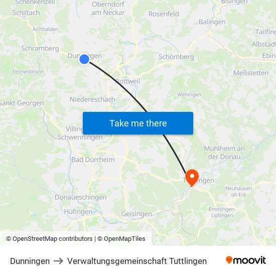 Dunningen to Verwaltungsgemeinschaft Tuttlingen map