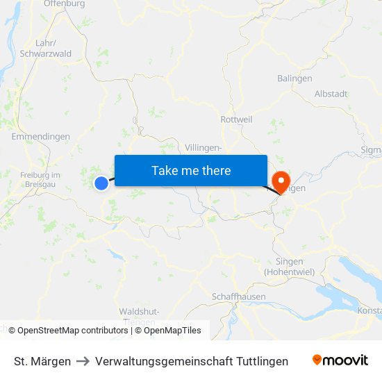 St. Märgen to Verwaltungsgemeinschaft Tuttlingen map