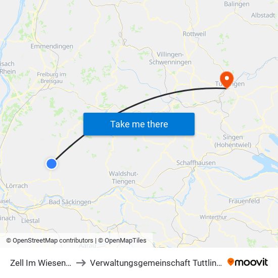 Zell Im Wiesental to Verwaltungsgemeinschaft Tuttlingen map