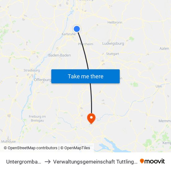 Untergrombach to Verwaltungsgemeinschaft Tuttlingen map